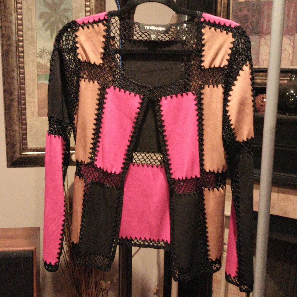 FINAL PRICE T & W Designs Black, Tan & Red Crocheted Colorblock Jacket